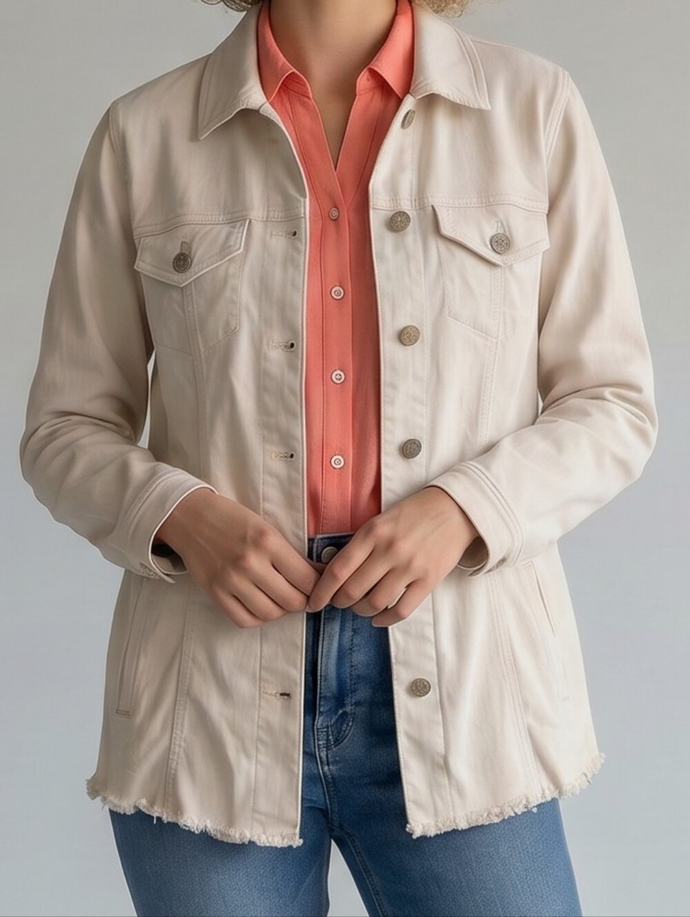 Chico's Lightweight Cream Shacket with Frayed Hem Sz 1